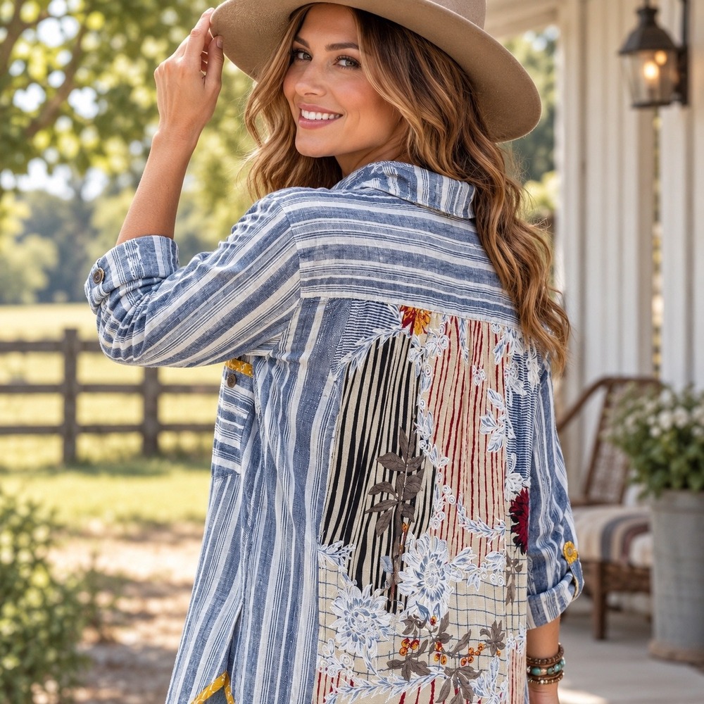 John Mark Mixed Media Striped Linen Floral Patchwork Tassel Shirt Tunic Women 1X